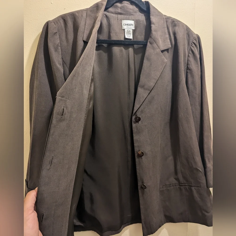 Chico's Brown Silk Linen Blend Blazer Button Front Collar 3/4 Sleeves- 3 (XL/16) - Picture 6 of 16